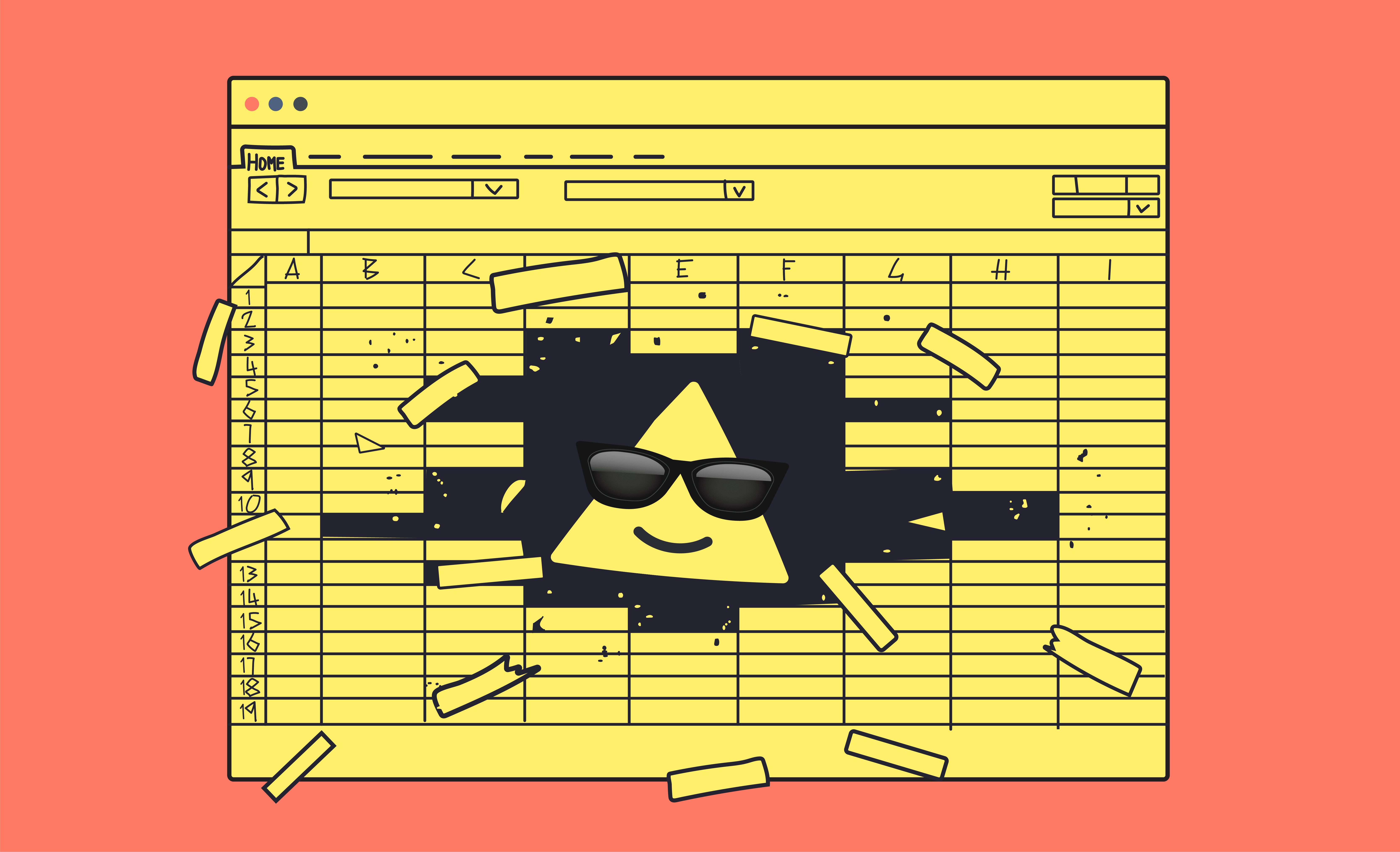 Up mascot wearing sunglasses busting through a spreadsheet