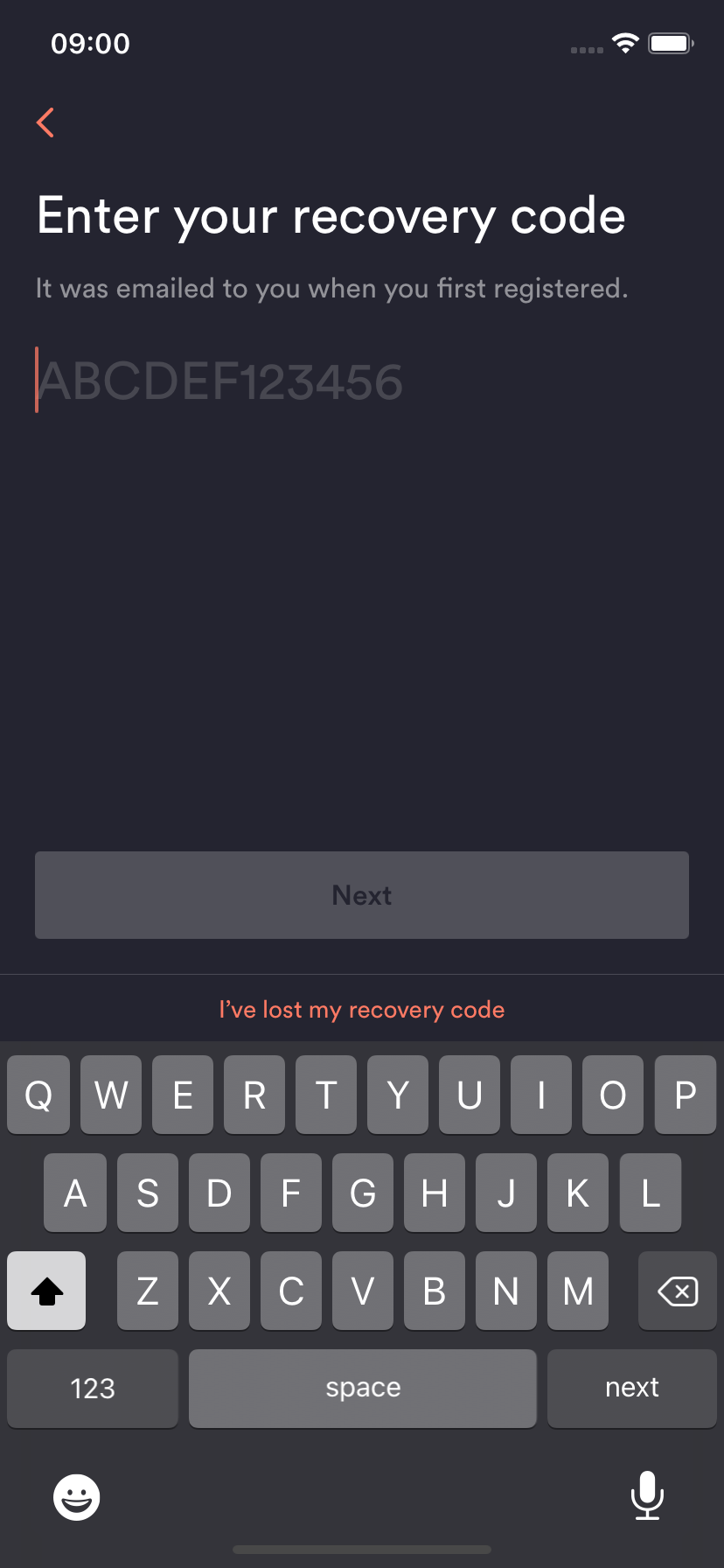 Up App screen where your recovery code can be entered