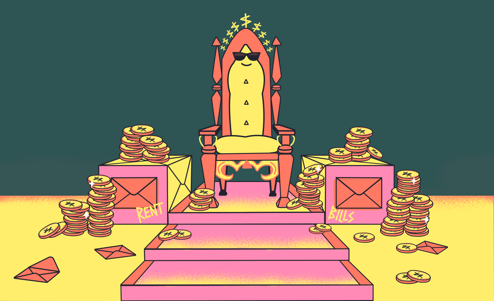 A throne surrounded by envelopes of cash